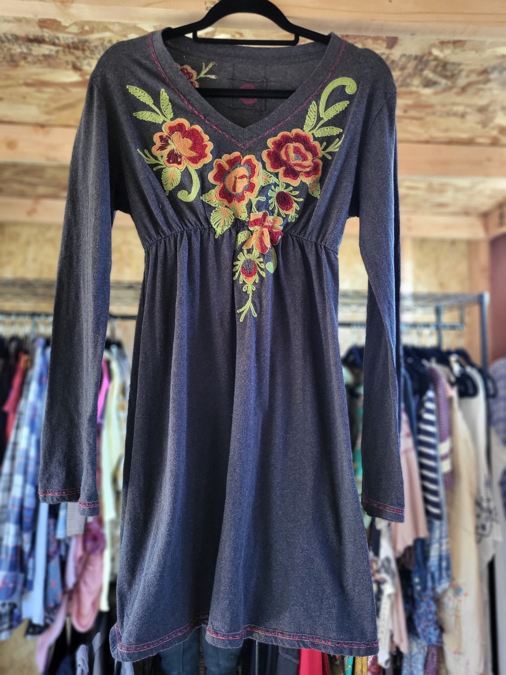 Double D Ranch Charcoal Long-Sleeve Dress with Red & Green Floral Embroidery